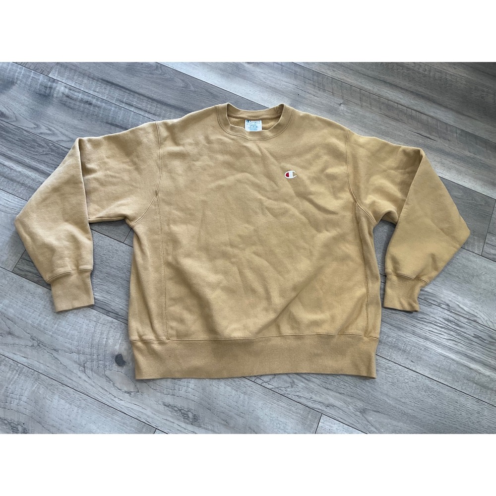 Champion Reverse Weave Sweatshirt Mens Large Tan Mustard Yellow Crewneck Logo